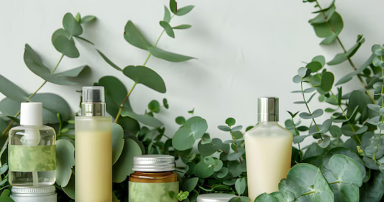 Skincare products surrounded by eucalyptus plant